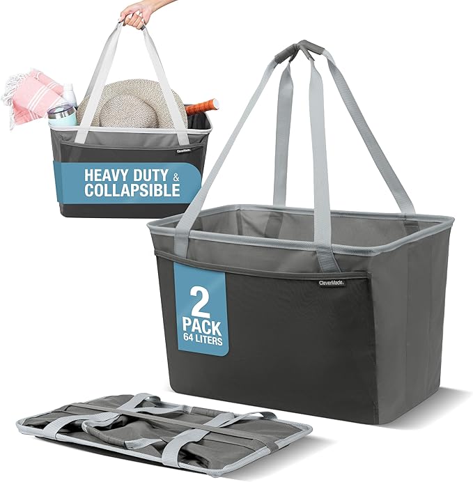 CleverMade Collapsible Tote Basket MAX (64L) – Extra Large Foldable Carry-All Storage Bin with Front Pocket, 60 lb Capacity L