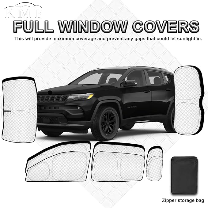 KMF 8pcs Thicken Sun Shades for Jeep Compass 2017-2025 Accessories,Compass Sunshade Full Car Window Covers for Windshield Side Rear, UV Block and Blackout Privacy for Camping Outdoor