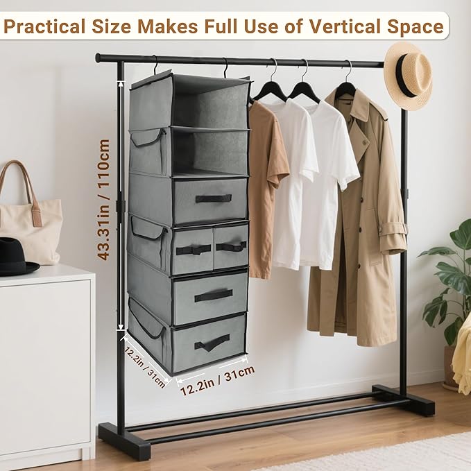 Durable 6-Tier hanging closet organizer with 5 Drawers & 3 Side Pocket,Thickened Fabric Hanging Shelves Holder with Sturdy Ho