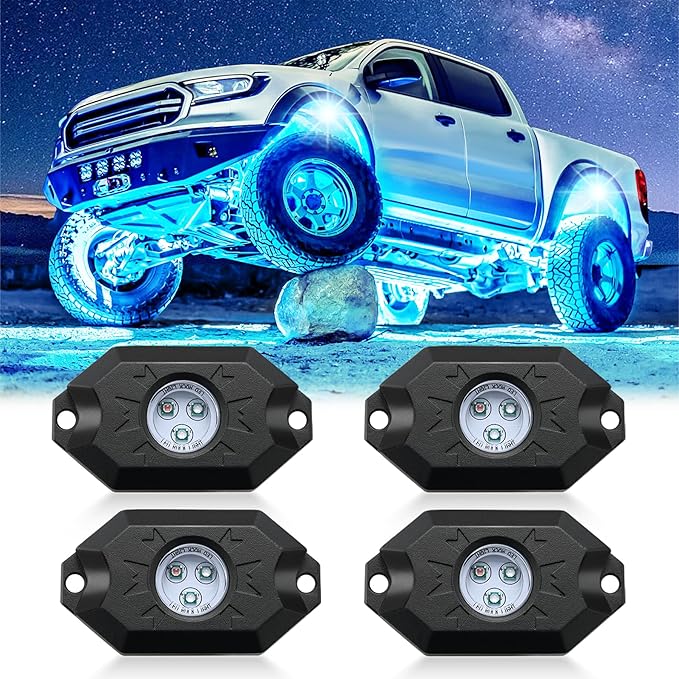 LivTee RGB LED Rock Lights Kit, 4 Pods Waterproof Underglow Neon Lights with Bluetooth App Control - Multi-Color & Music Sync Wheel Light for Trucks SUV UTV ATV RZR Golf Cart