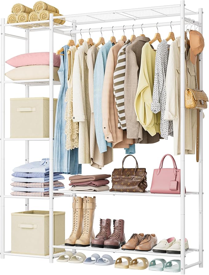 Wardrobe Closet,Portable Clothes Rack with 4 Tiers Shelves,Freestanding Closet Organizers and Storage System with Hanging Rod