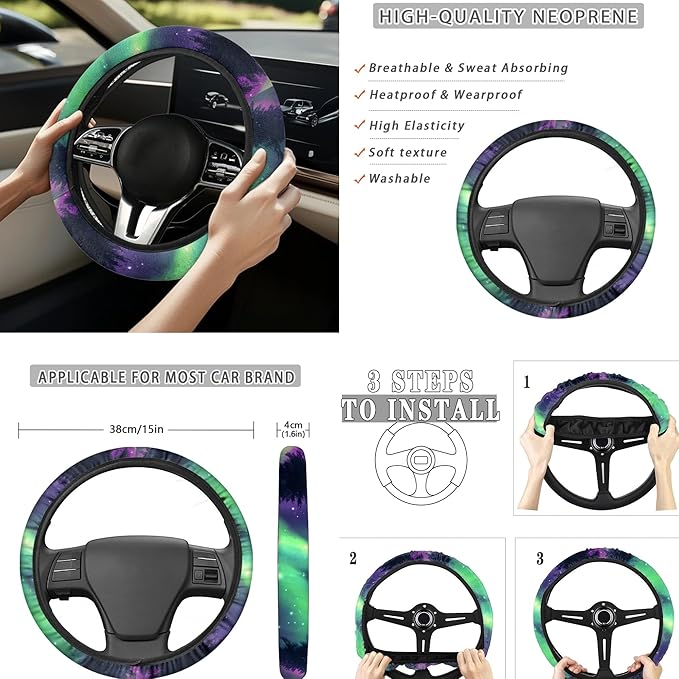 Galaxy Mushroom Car Seat Cover Full Set with Steering Wheel Cover Seat Belt Strap Pads Armrest Pad Coasters Keychain Lipstick Holder 13 PCS Automobile Accessory Interior Decor