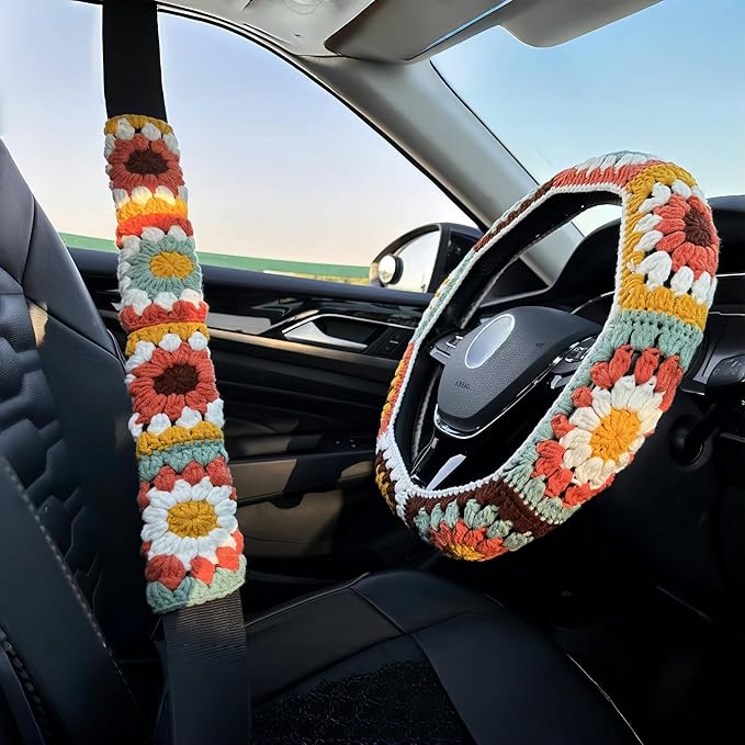 Handmade Steering Wheel Cover, Crochet Steering Wheel Cover, Sunflower Granny Square Wheel Cover, 14-15 inch, Universal fit，Boho Car Accessories, for Women and Girly(Wheel Cover Set)