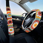 Handmade Steering Wheel Cover, Crochet Steering Wheel Cover, Sunflower Granny Square Wheel Cover, 14-15 inch, Universal fit，Boho Car Accessories, for Women and Girly(Wheel Cover Set)