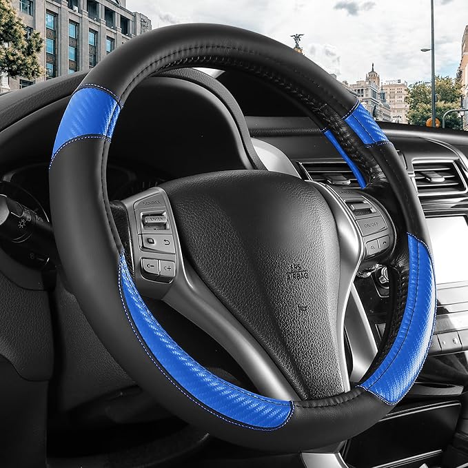 Non-Slip Car Nappa Leather Steering Wheel Cover,Universal Car Accessories Women Men Fit 14" 1/2-15" Suvs/Vans/Sedans/Cars/Tru