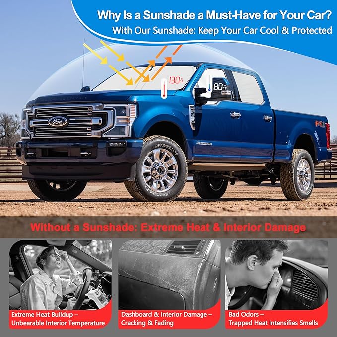 Front Side Window Sun Shade for 2017-2022 Fo-rd F250 F350 Super Duty Accessories 2Dr 4Dr Pickup, Foldable Window Sunshade Sun Visor Protector, Side Window Shades Sun Shield Blocks UV Rays Heat