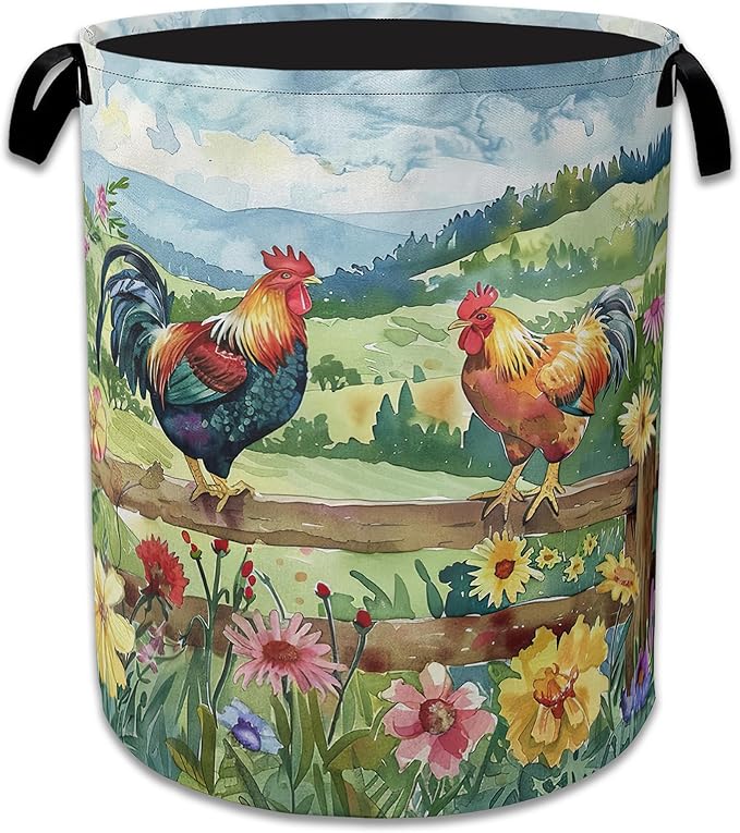 Rooster Laundry Hamper Farm Floral Laundry Basket Collapsible Portable Clothes Toy Storage Bin for Bathroom Bedroom Room Deco