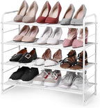 Simple Trending 4-Tier Stackable Shoe Rack, Expandable & Adjustable Shoe Organizer Storage Shelf, Wire Grid, White