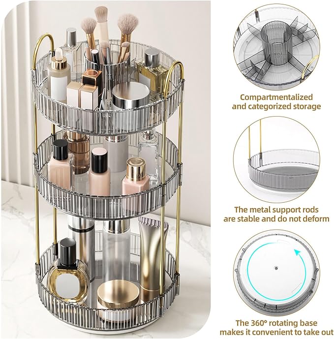 360° Rotating Makeup Organizer, Large-Capacity Skincare Make Up Storage 3 Tier Perfume Organizers Cosmetic Dresser Organizer 