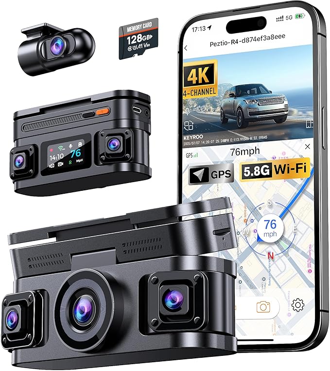 360° View 4K 4 Channel Dash Cam Front and Rear Inside Left Right, Built-in GPS, 5.8GHz WiFi, Car Dash Camera for Cars with Ap