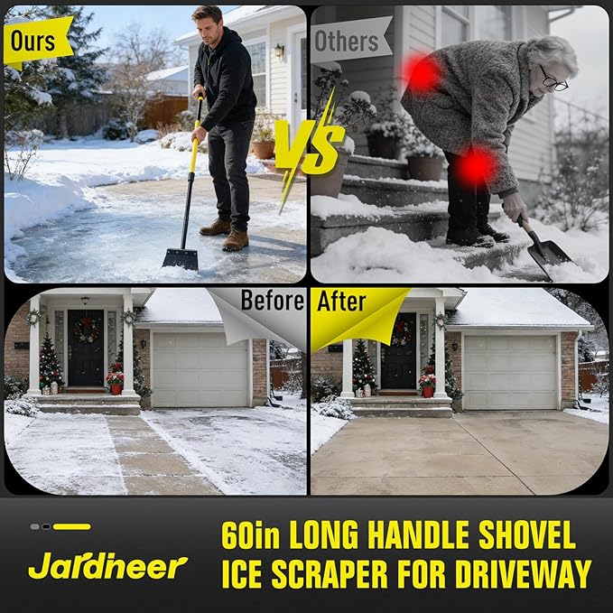 Jardineer Ice Scraper for Driveway, 60" Long Handle Snow Shovel with Thickened Blade, Multifunctional Metal Flat Shovel for Walkway, Garden, Garage Floor and Outdoor Cleaning