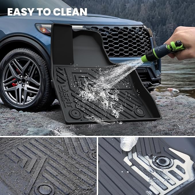 LASFIT Floor Mats & Cargo with Backrest Mat for Ford Explorer 2022-2025 2026 6 Passenger, Custom Fit All Weather Protector TPE Easy Clean Floor Liners, 5pcs Full Set Black