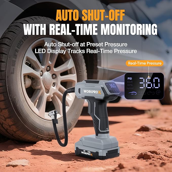 WORKPROX Tire Inflator Portable Air Compressor, 150 PSI Cordless Car Tire Pump with Digital Pressure Gauge, Fast Inflation, Rechargeable Battery & 12V DC Power, for Cars, Motorcycles, Bikes, Balls