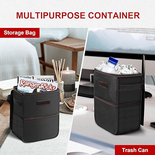 Simple Deluxe Car Trash Can With Lid, Storage Pockets, Leak-Proof Garbage Container, Adjustable Straps, Waterproof, Portable, Collapsible, 2 Gallon, Black