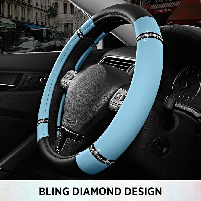 Road Comfort Leather Steering Wheel Cover – Premium Anti-Slip Car Steering Wheel Grip Cover – Universal Fit for 14.5”–15.5” C