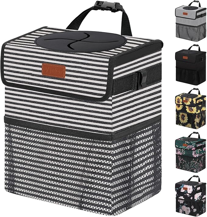 3 Gallons Car Trash Can with Lid, Car Trash Bag Bin Hanging Waterproof Automotive Garbage Cans Leak Proof Vehicle Trash Can Stripe