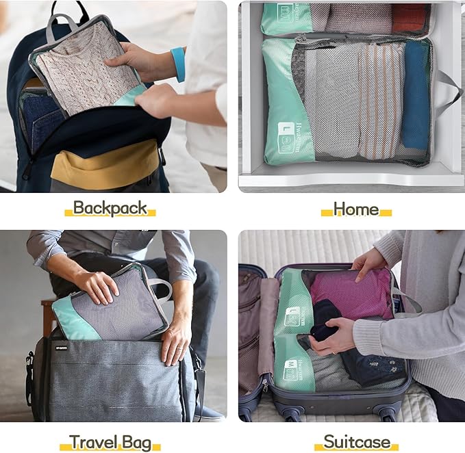 Compression Packing Cubes 8 Set, Dual Zipper Compression Packing Cubes for Travel, See-Through Mesh Packing Bags for Suitcase