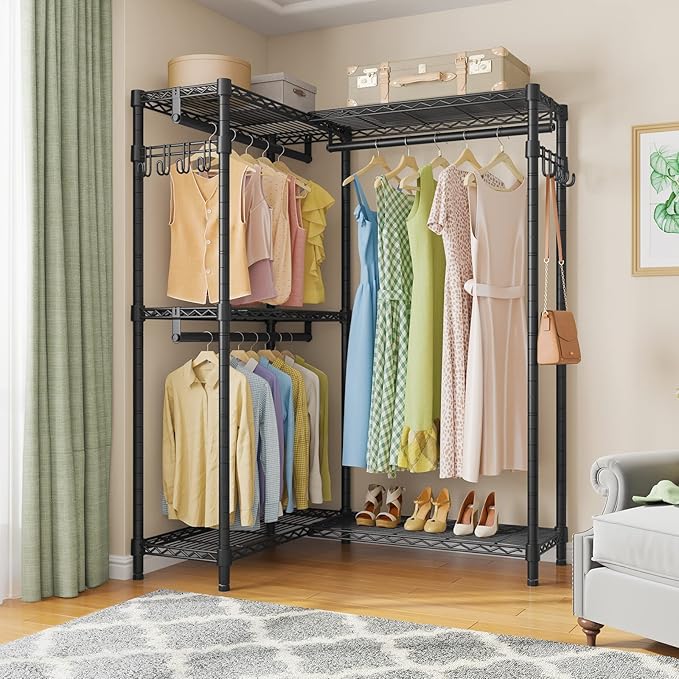 VIPEK L4 Garment Rack L Shaped Clothes Rack for Corner, Freestanding Portable Wardrobe Closet Heavy Duty Clothing Rack with 3