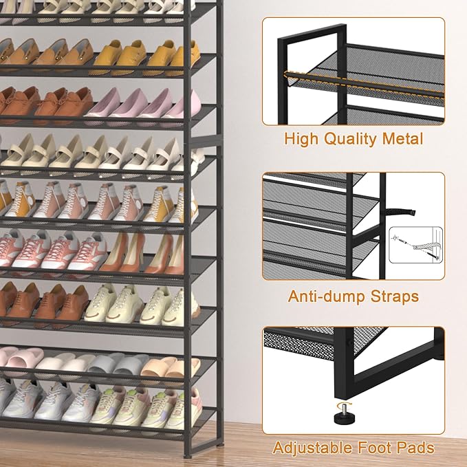 Large Shoe Rack 12 Tier Shoe Organizer, Heavy Duty Metal 6-Tier Stackable Shoe Storage Vertical Shoe Rack for Closet Front Do