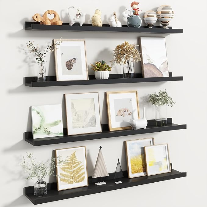 Fun Memories Picture Ledge Shelf, Black Floating Shelves Set of 4, 36 Inch Picture Shelves for Wall with Ledge, Large Nursery