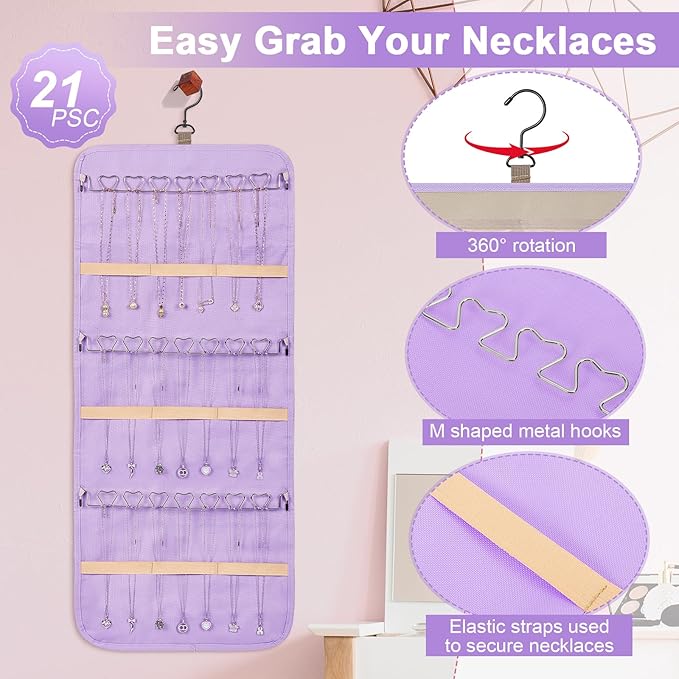 Dynoro Double-Sided Hanging Jewelry Organizer, Lavender Storage Roll for Earrings, Necklaces, Rings, 48 Pockets 21 Hooks, Dur