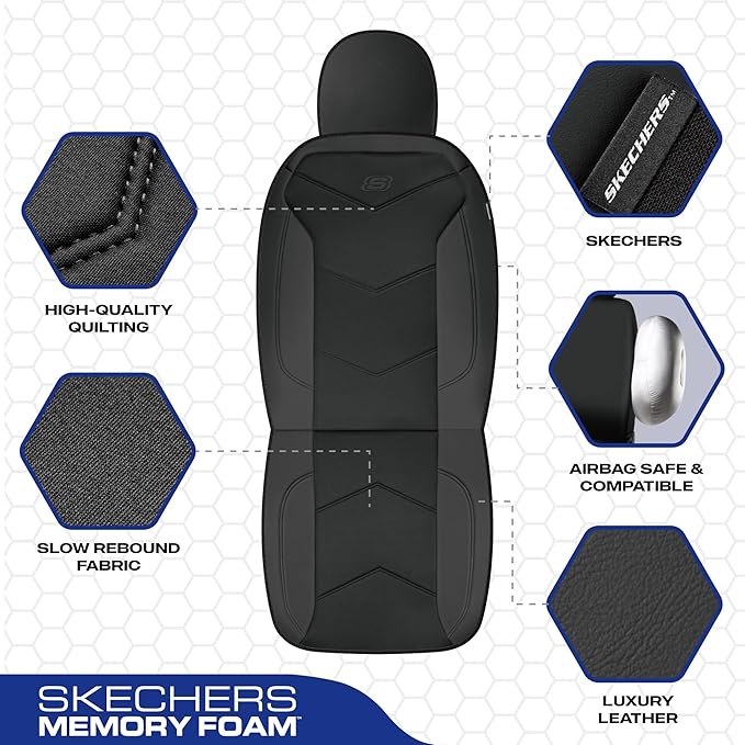 Skechers Memory Foam Seat Covers,Leather Car Seat Covers, Ultimate Comfort & Support Seat CoversFull Sets,Airbag Compatible, 