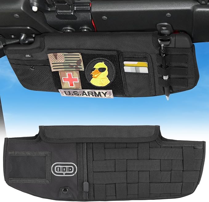 JOYTUTUS Sun Visor Organizer Compatible with 2018-2026 Wrangler JL & Gladiator JT, Driver's Side Front Tactical Visor Storage Cover Molle Webbing Visor Storage Holder Pouch, Multi-Pocket Net Zipper