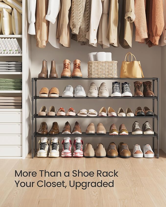 SONGMICS Shoe Rack, 4-Tier Shoe Organizer, Metal Storage Shelf, Upright or Upside Down, for 25-30 Pairs, Stackable, for Entry