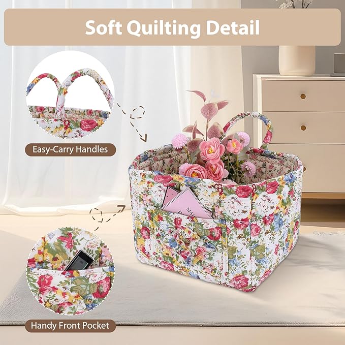 Storage Basket Boho Fabric Large Collapsible Floral Laundry Nursery Hamper Portable Folding Storage for Clothes Toys (Green)