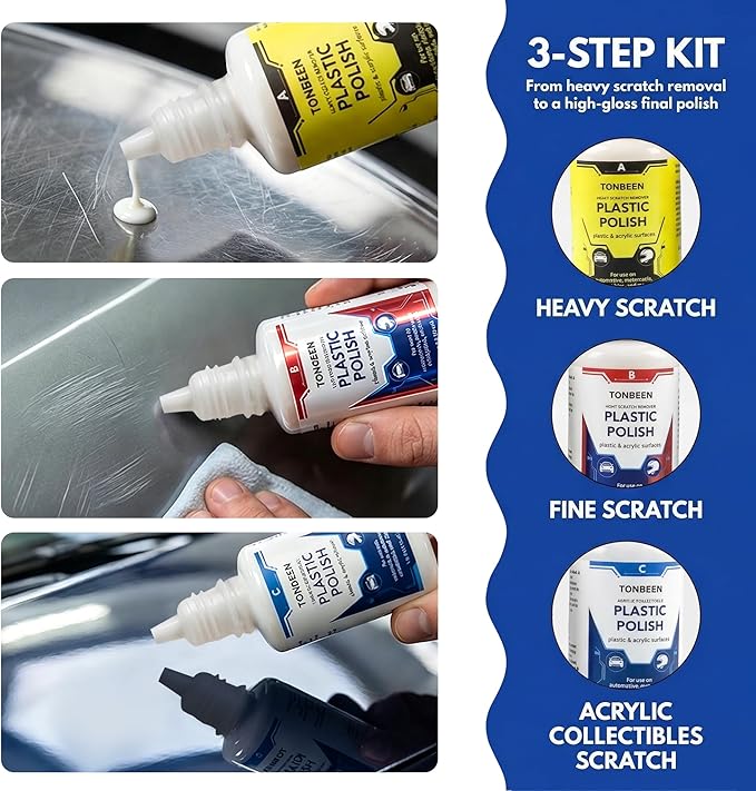 Plastic Scratch Remover & Polish Kit, 3-Level Plastic Restorer for Light to Heavy Scratches, Improves Clarity on Headlight Covers, Acrylic, Plexiglass & Plastic Surfaces, 5-Piece Set (150ml Total)