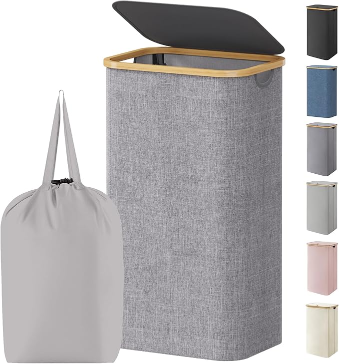 Lifewit 100L Laundry Basket with Lid, Clothes Hampers for Laundry with Bamboo Handles and 1 Removable Bag, Large Foldable Lau