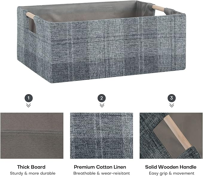 Fabric Storage Bin Box Collapsible Cotton Linen Storage Cube with Wooden Handles Rectangular Decorative Home Organizer Clothe