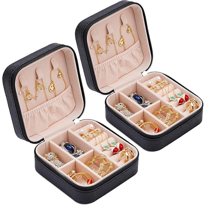 Neveika 2pcs Portable Travel Mini Jewelry Box Leather Jewellery Ring Organizer Case Storage Gift Box Girls Women (black).