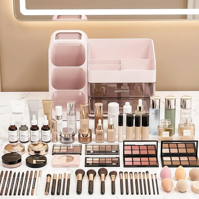 Large Capacity Makeup Organizer Countertop with Makeup Brush Holder for Vanity, Thickened Material, Bathroom Countertop Organ