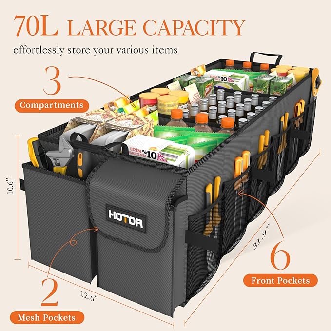 HOTOR Foldable Trunk Organizer - SUV & Sedan Compatible, 3 Compartments, Grey, 31.9x12.6x10.6 Sturdy Car Organization