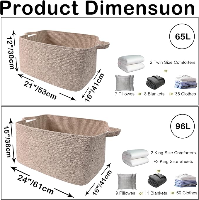 96L Large Blanket Basket,24"x16"x15"Rectangle Storage Bin with Handles,Woven Rope Laundry Basket for Toys, Clothes,Magazines,