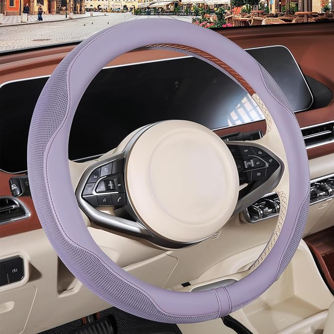 Nappa Leather Purple Steering Wheel Cover, Advanced Microfiber Leather Non-Slip Breathable Fabric, Warm in Winter and Cool in
