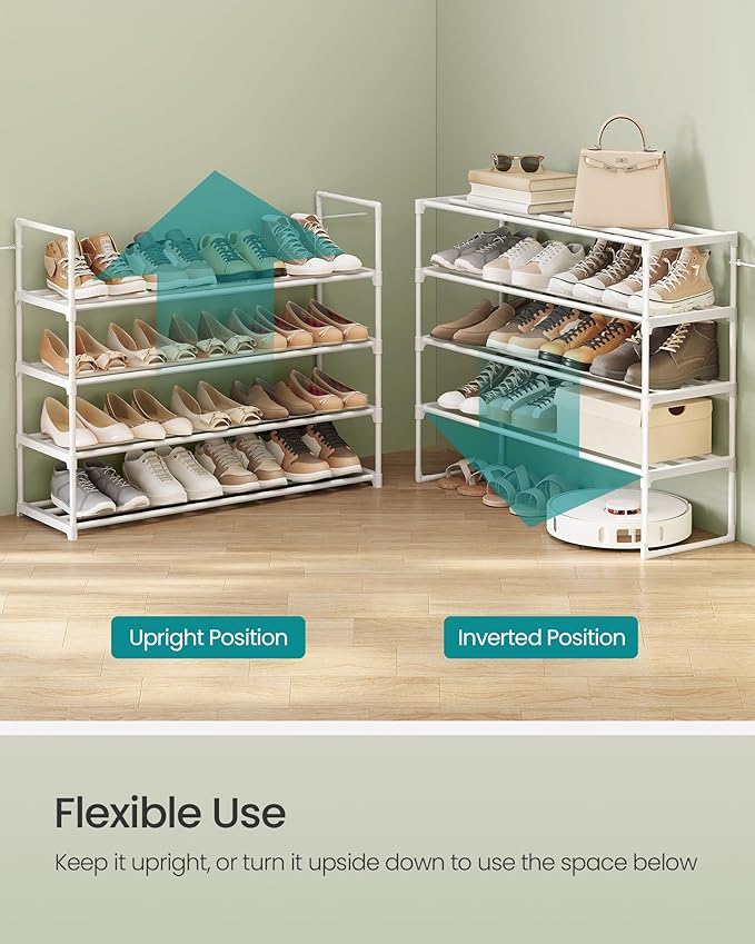 SONGMICS Shoe Rack, 4-Tier Shoe Organizer, Metal Storage Shelf, Upright or Upside Down, for 20-25 Pairs, Stackable, for Entry