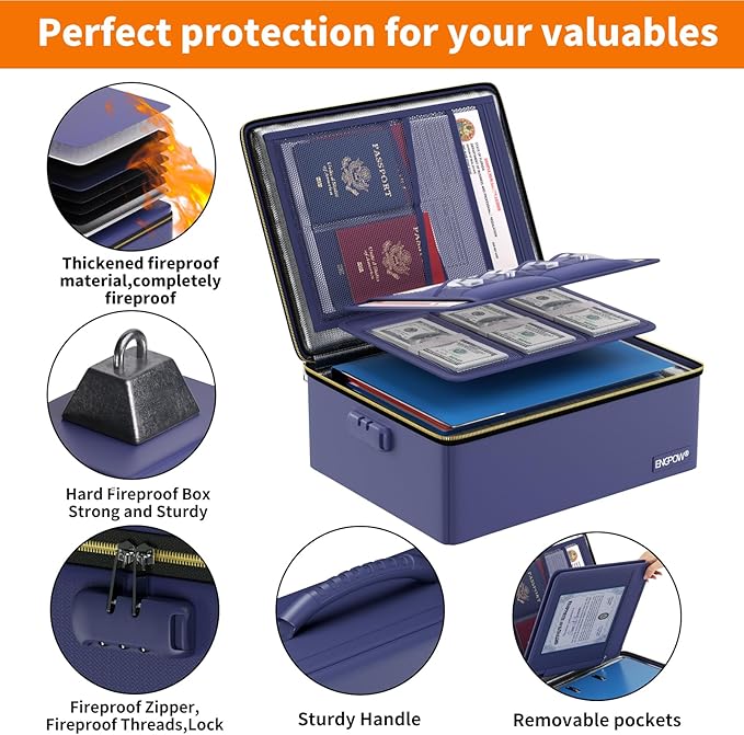 ENGPOW Fireproof Document Box, Hard Fireproof Box with Fireproof Zipper＆Lock, 6400°F Heat Insulated Fireproof Water Resistant