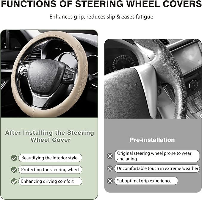 【2025 Model】 Breathable Soft Leather Car Steering Wheel Cover for Men Women, Non-Slip, Comfortable,Universal 15 inches Steeri