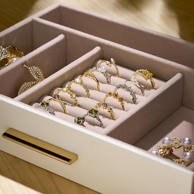 pickpiff Jewelry Box Organizer Case for Women: 3-Layer Jewelry Storage Case with Glass Window, Ivory Leather with Pink Velvet