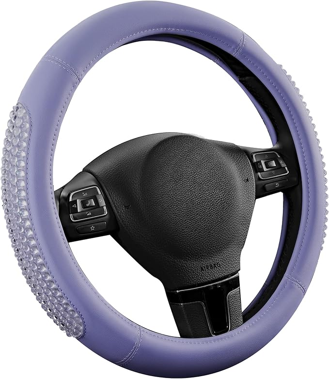 PIC AUTO Steering Wheel Cover, Glitter Gel Particles & Purple Luxury Leather Car Steering Cover, Universal Fit 14.5"-15.5" An