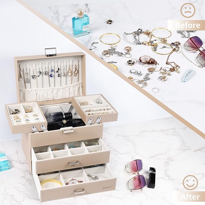 Dajasan Jewelry Organizer Box, Large Jewelry Boxes for Women Girls, Space-Saving 4 Layers Jewelry Storage Case with Drawer, M