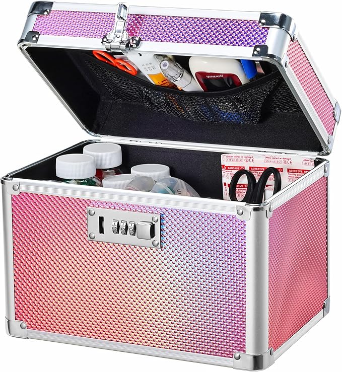 Adazzo Medicine Lock Box with 3-Digit Combination Lock – Pink Lockable Storage Box for Medication, Small Lock Box for Valuabl