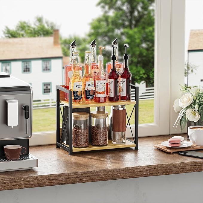 Giikin Countertop Shelf Organizer, 2 Tier Kitchen Spice Rack Organizer for Countertop, Wood Coffee Counter Shelf Organizer fo