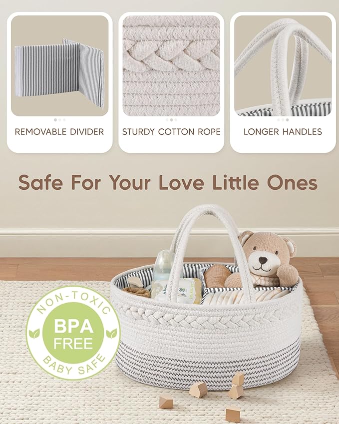 Maliton Baby Diaper Caddy Organizer, Cotton Rope Diaper Caddy Basket, Large Storage Basket for Newborn Boys and Girls, Gift f