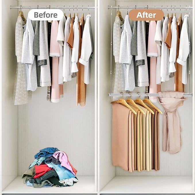 STORAGE MANIAC Hanging Closet Rod, Adjustable Width and Height Closet Hanging Organizer, Space-Saving Clothes Hanging Bar, Cl