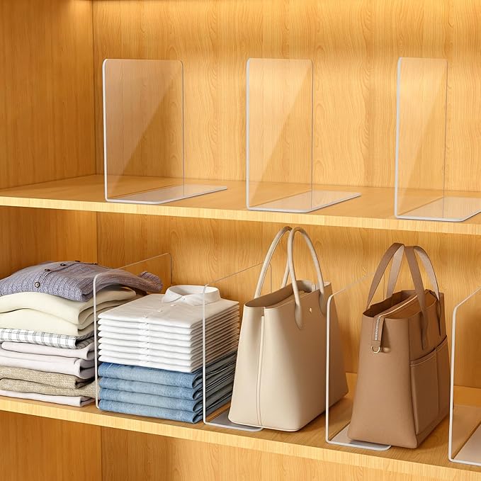 Shelf Dividers for Closet Organization – Acrylic Clear Sturdy Dividers to Keep Clothes, Sweaters & Purses Upright, Free-Stand