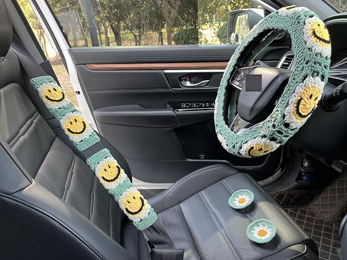 Handmade Crochet Sun Car Steering Wheel Covers Universal 14-15 inch,Cute Steering Wheel Cover,Car Accessories (Sun Wheel Cover+2belt Cover+2Coaster+Hanging)