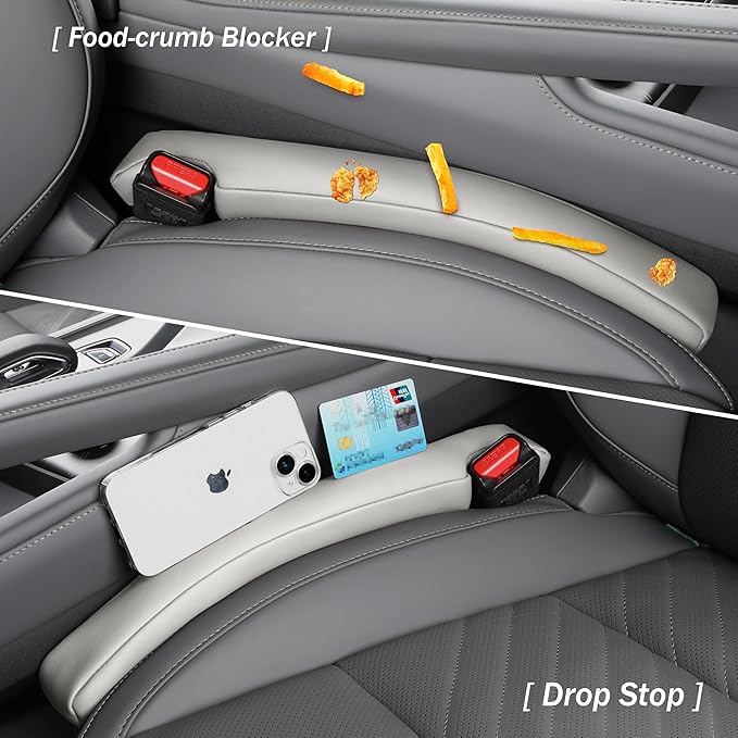 Car Seat Gap Filler - 2 Pack Premium Leather Console Blockers for Cars, Trucks & SUVs - Adjustable 1.4-2.4 Inch Width - Prevents Items Falling Between Seats (Grey)